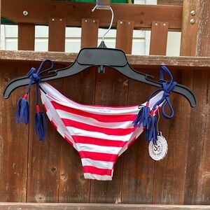 SO Red and White Striped Bikini Bottom with Blue Accents